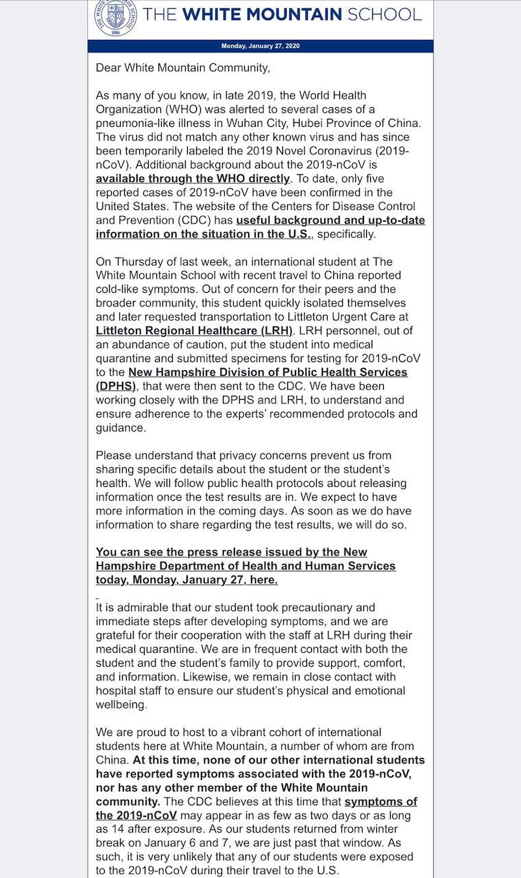 White Mountain School letter to parents
